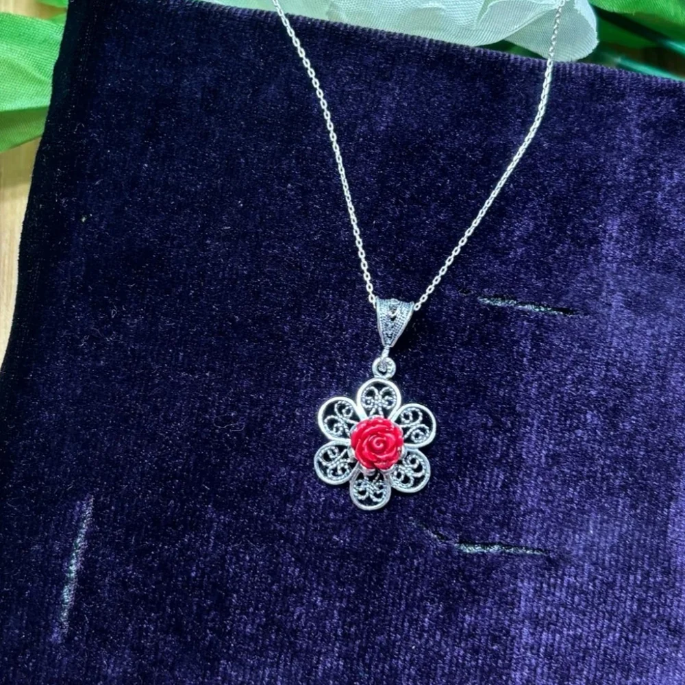 925 Sterling Silver Turkish Filigree Flower Necklace for Women, NEW,HandmadeGift - Picture 3 of 5